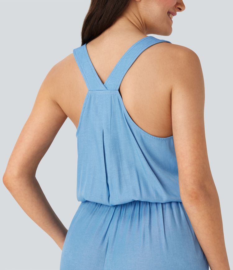 Drawstring Tapered Denim Like Casual Jumpsuit with Pockets