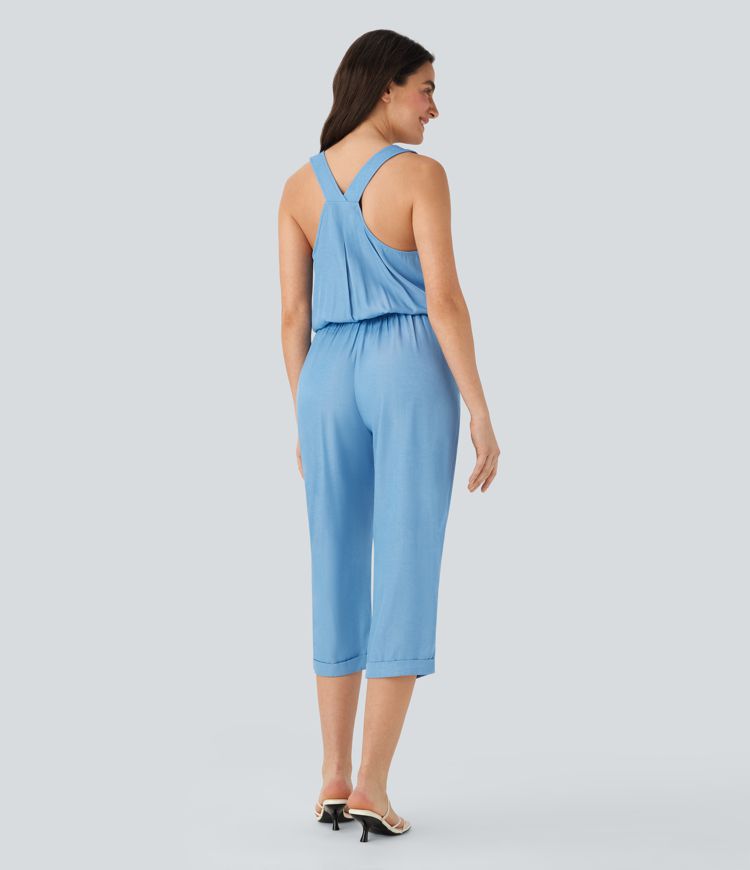 Drawstring Tapered Denim Like Casual Jumpsuit with Pockets
