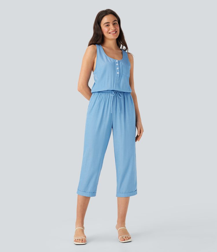 Drawstring Tapered Denim Like Casual Jumpsuit with Pockets
