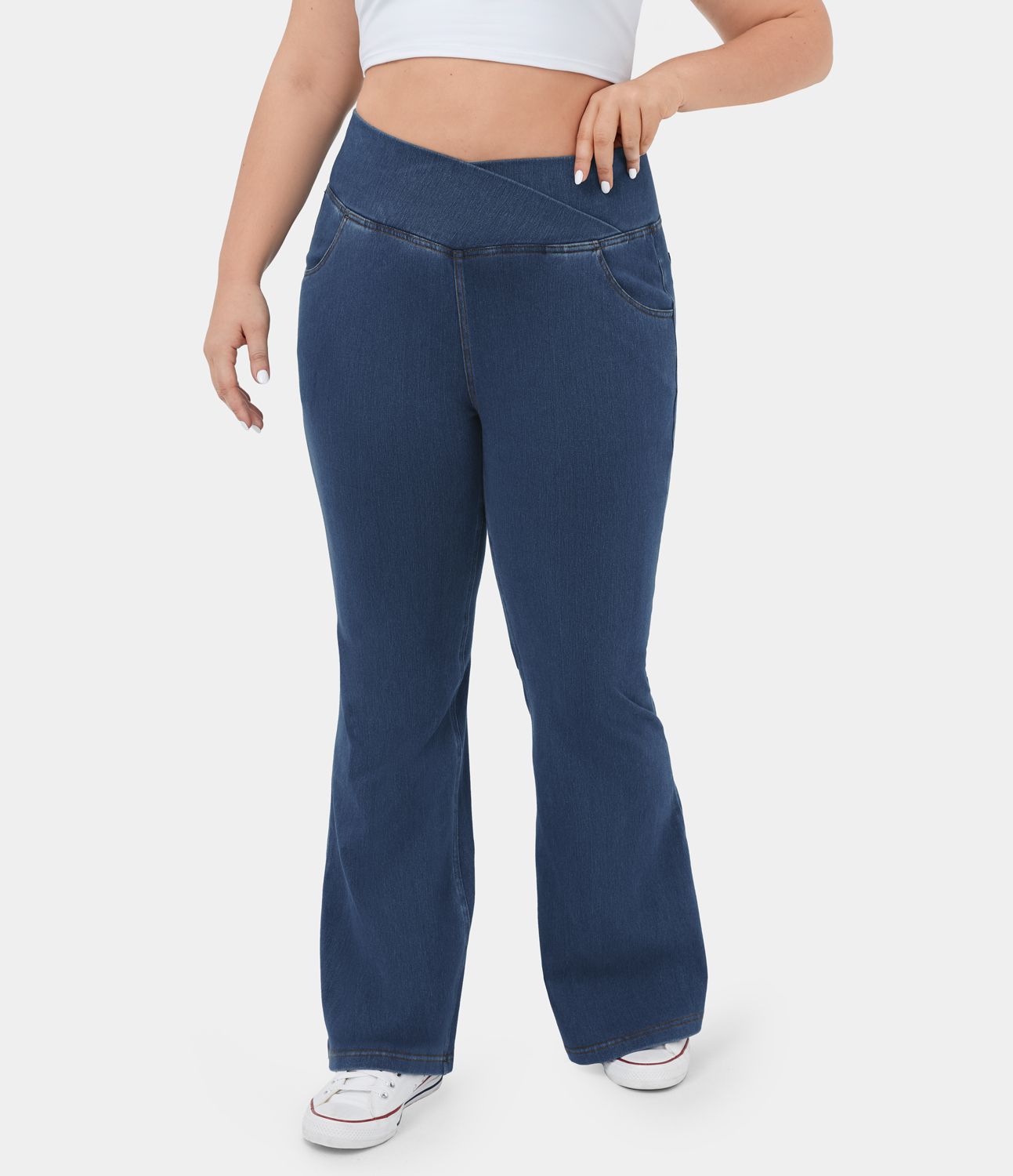 Jeans Halara Flex™ Denim súper acampanado tiro alto bolsillo cruzado tacto fresco tejido elástico lavado transpirable talla grande