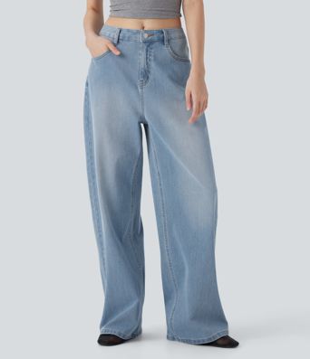 Halara Flex™ stredne vysoké vyprané voľné džínsy s vreckami Halara Flex™ stredne vysoké vyprané voľné džínsy s vreckami