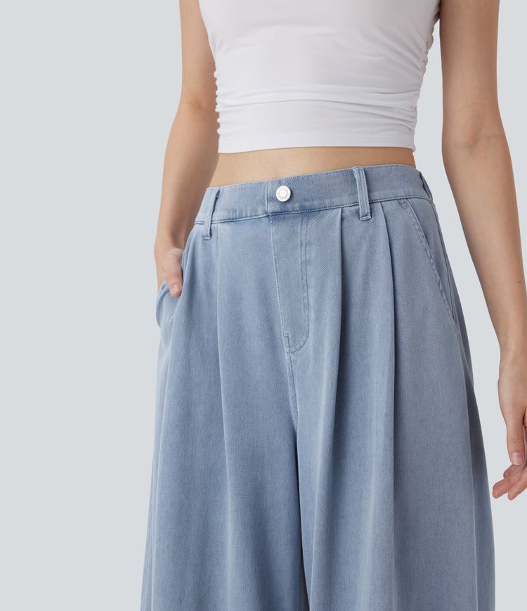 Halara Flex™ Jean Casual à Jambe Large Taille Haute, Toucher Frais, Séchage Rapide avec Poches