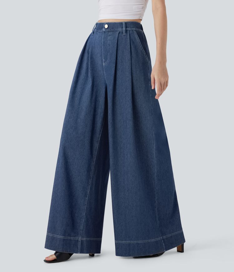 Halara Flex™ High Waisted Wide leg Cool Touch Quick Dry Stretchy Knit Denim Casual Jeans with Multiple Pockets