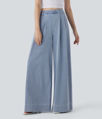 Halara Flex™ Jeans mit hoher Taille und weitem Bein, kühlende, schnelltrocknende, dehnbare Strickjeans aus Denim mit mehreren Taschen