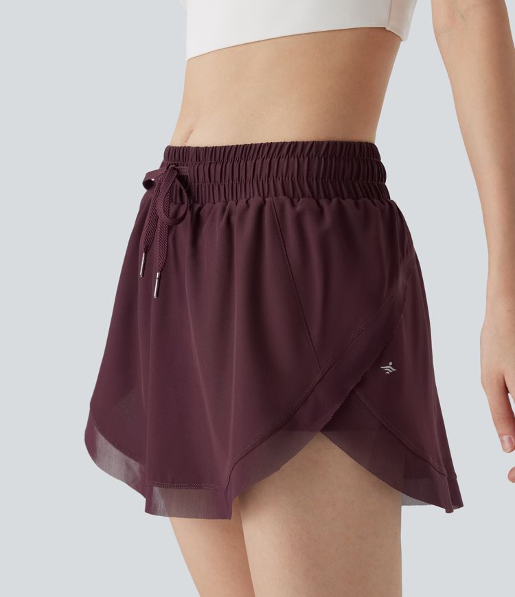 Mid Rise Drawstring 2-in-1 Contrast Mesh Mini Tennis Skirt with Pockets