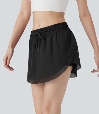 2-in-1 Tennis-Minirock mit mittelhohem Bund, Seitentaschen, Kordelzug und kontrastierendem Netzstoff