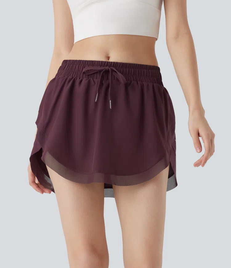 Mid Rise Drawstring 2-in-1 Contrast Mesh Mini Tennis Skirt with Pockets