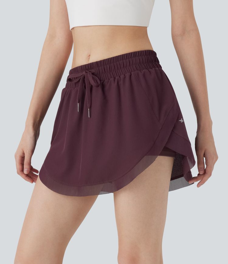 Mid Rise Drawstring 2-in-1 Contrast Mesh Mini Tennis Skirt with Pockets