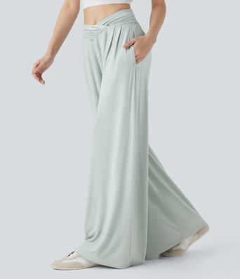 Pantalon décontracté à jambe large, taille mi-haute, ceinture froncée, avec poches