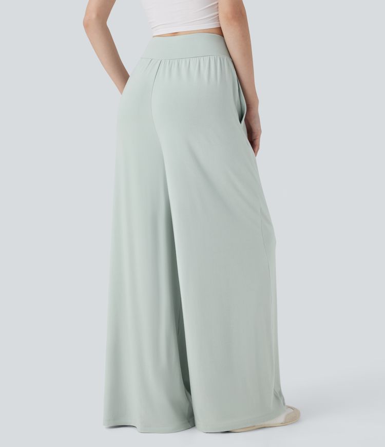 Pantalon décontracté à jambe large, taille mi-haute, ceinture froncée, avec poches