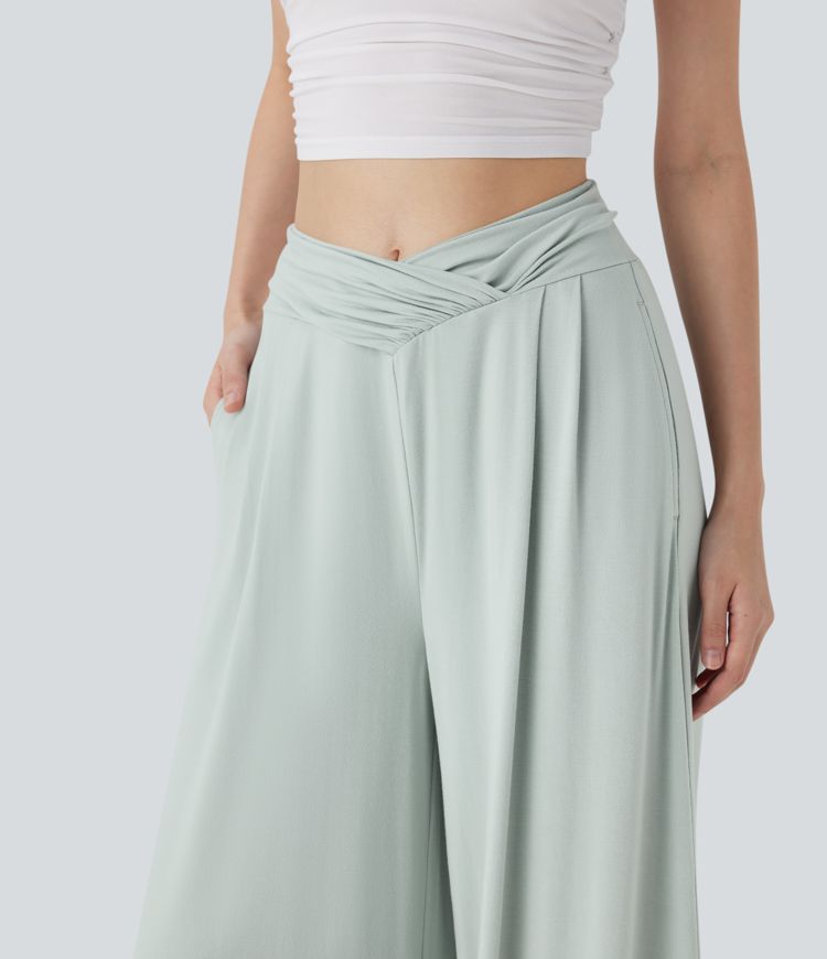 Pantalon décontracté à jambe large, taille mi-haute, ceinture froncée, avec poches