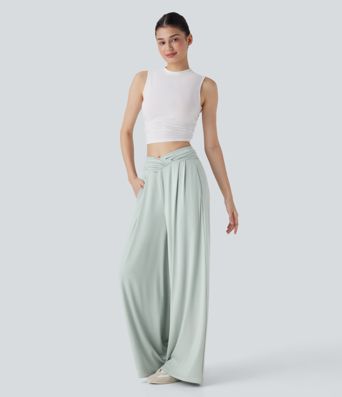 Pantalon décontracté à jambe large, taille mi-haute, ceinture froncée, avec poches