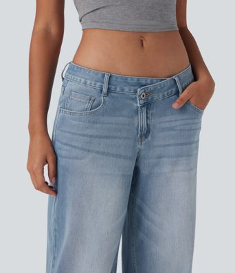 Halara Flex™ Jean large asymétrique taille basse avec bouton, fermeture éclair et poches multiples, délavé et extensible en maille