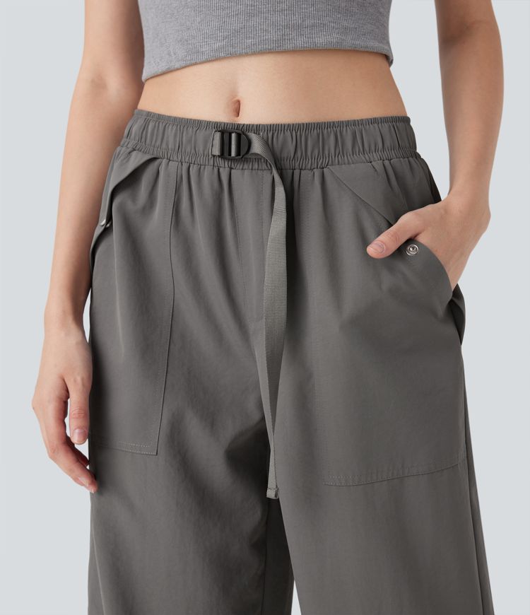 Pantalones anchos cargo de senderismo de tiro medio con cinturón y múltiples bolsillos