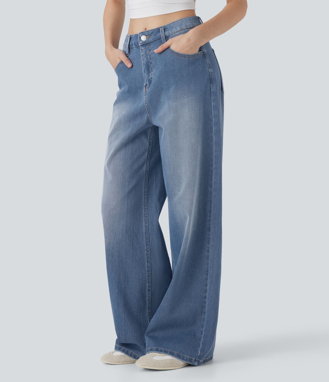 Baggy Jeans Halara Flex™ Elastane Washed Mid Rise Pocket