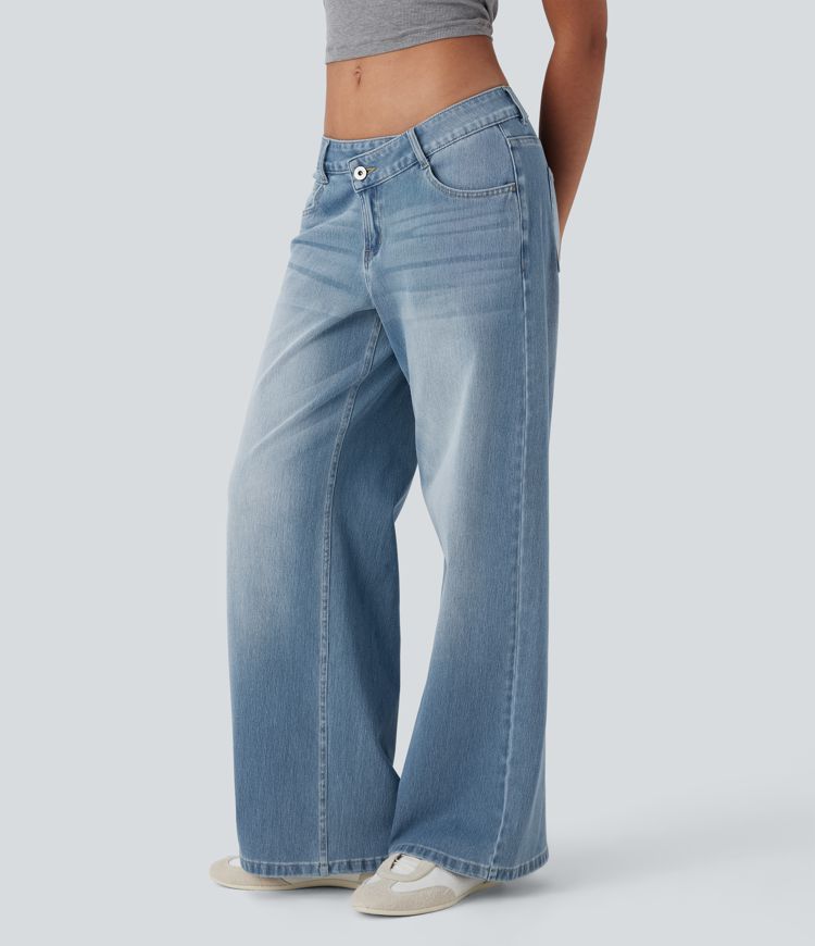 Halara Flex™ Jean large asymétrique taille basse avec bouton, fermeture éclair et poches multiples, délavé et extensible en maille