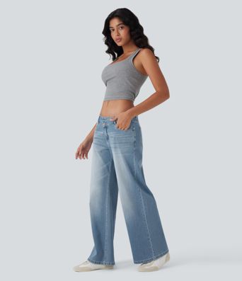 Halara Flex™ Jean large asymétrique taille basse avec bouton, fermeture éclair et poches multiples, délavé et extensible en maille