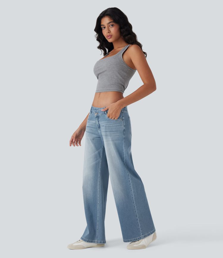 Halara Flex™ Jean large asymétrique taille basse avec bouton, fermeture éclair et poches multiples, délavé et extensible en maille