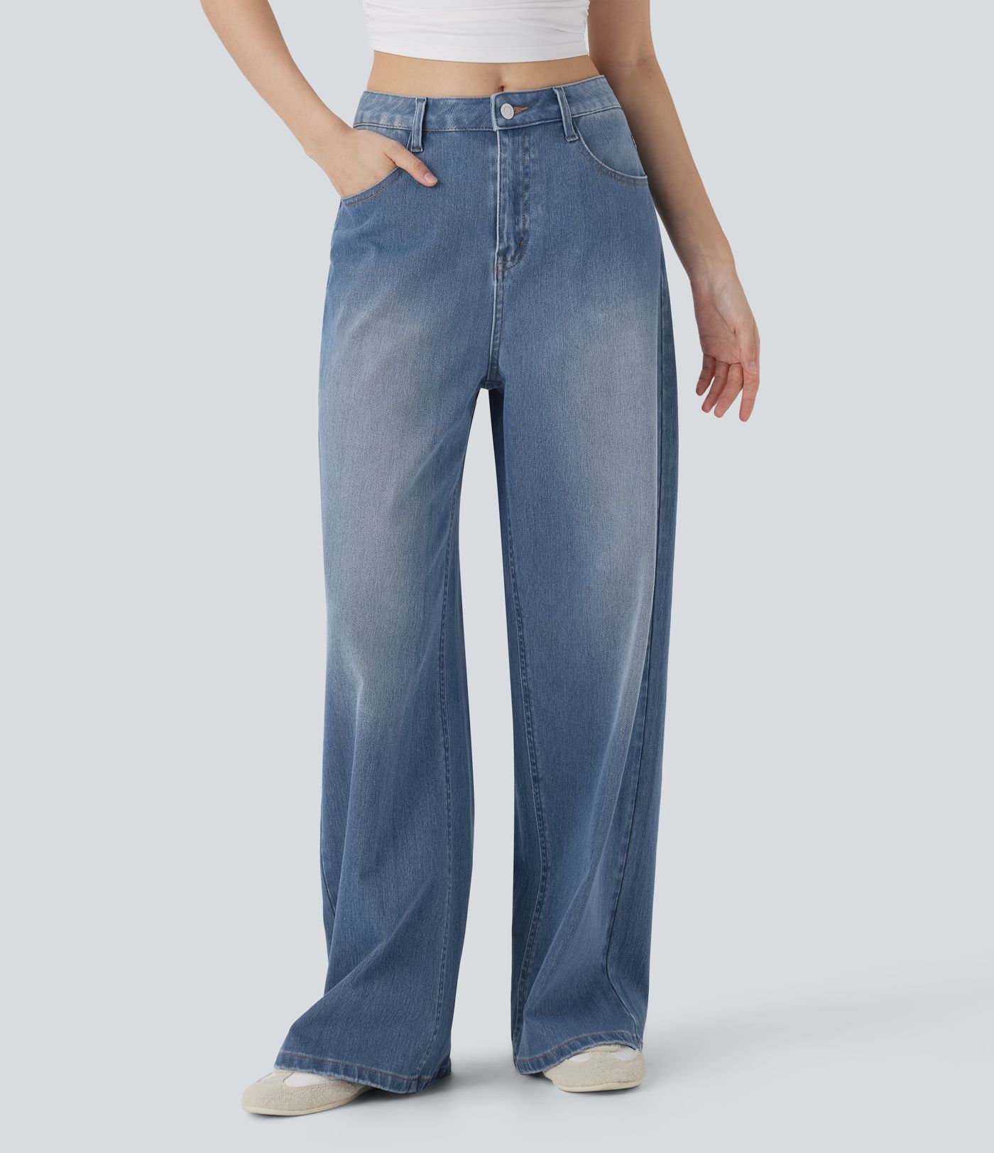 Baggy Jeans Halara Flex™ Elastane Washed Mid Rise Pocket