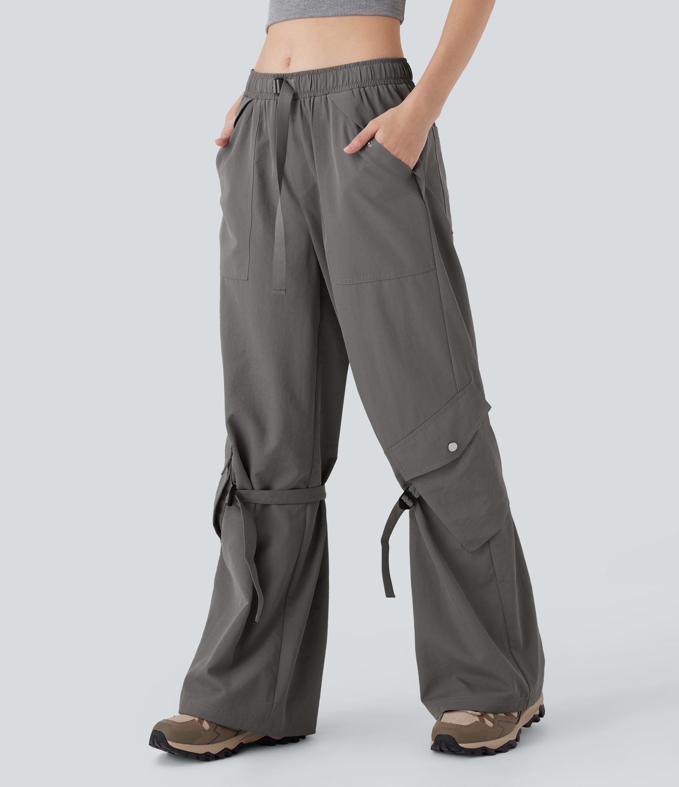Pantalones anchos cargo de senderismo de tiro medio con cinturón y múltiples bolsillos