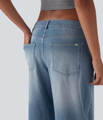 Halara Flex™ Jean large asymétrique taille basse avec bouton, fermeture éclair et poches multiples, délavé et extensible en maille