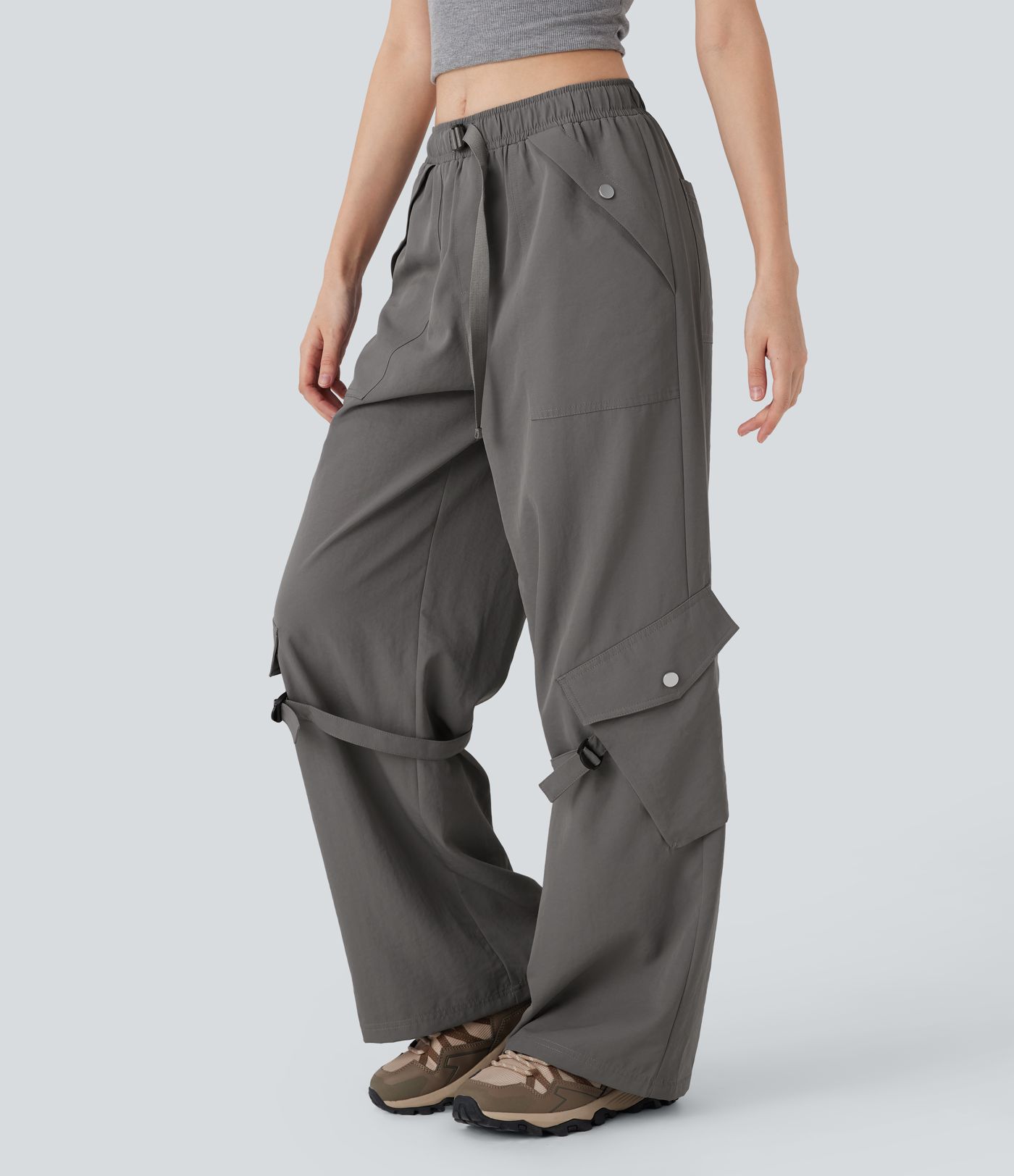 Pantalones anchos cargo de senderismo de tiro medio con cinturón y múltiples bolsillos