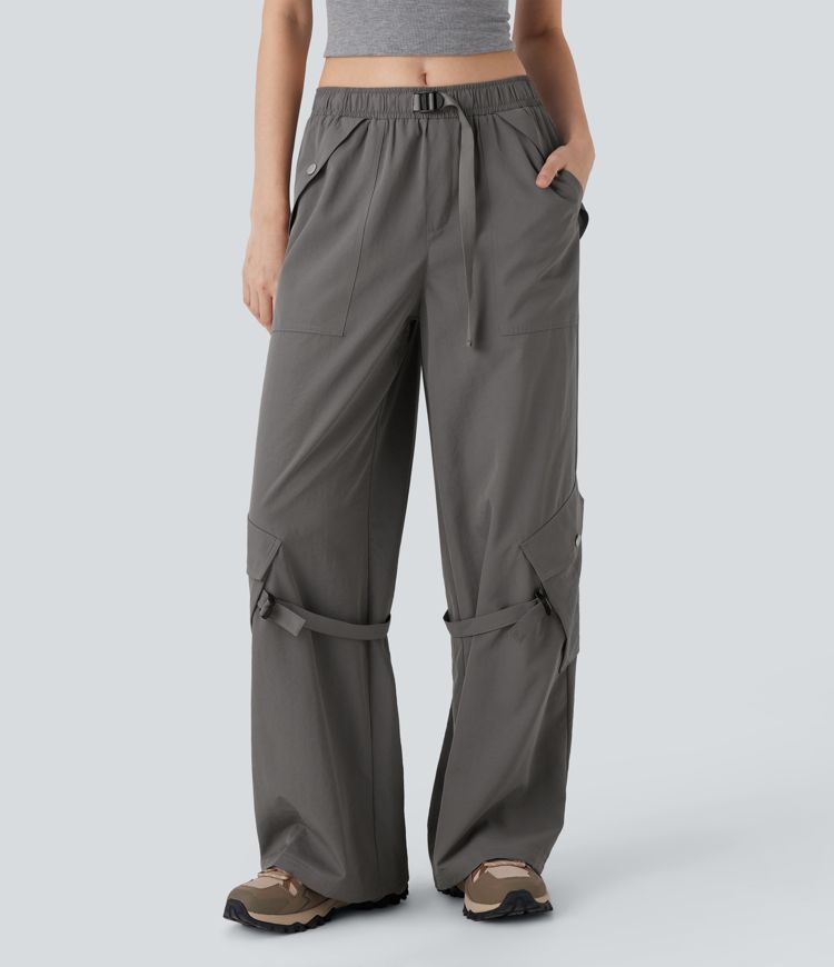 Mid Rise Belted Wide Leg Hiking Cargo Pants with Pockets