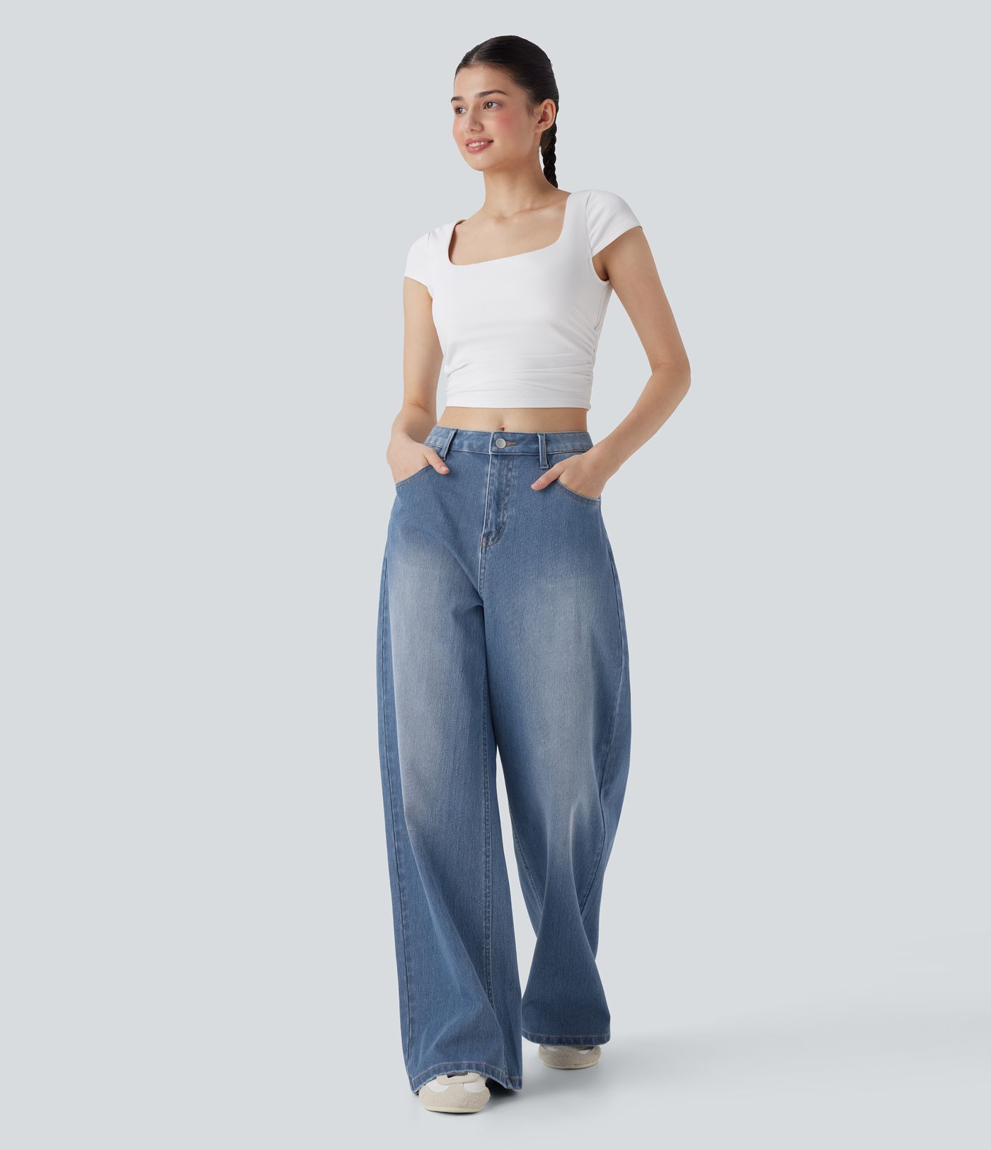 Baggy Jeans Halara Flex™ Elastane Washed Mid Rise Pocket