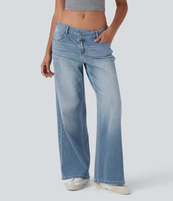 Halara Flex™ Jean large asymétrique taille basse avec bouton, fermeture éclair et poches multiples, délavé et extensible en maille