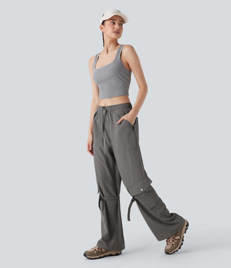 Pantalones anchos cargo de senderismo de tiro medio con cinturón y múltiples bolsillos