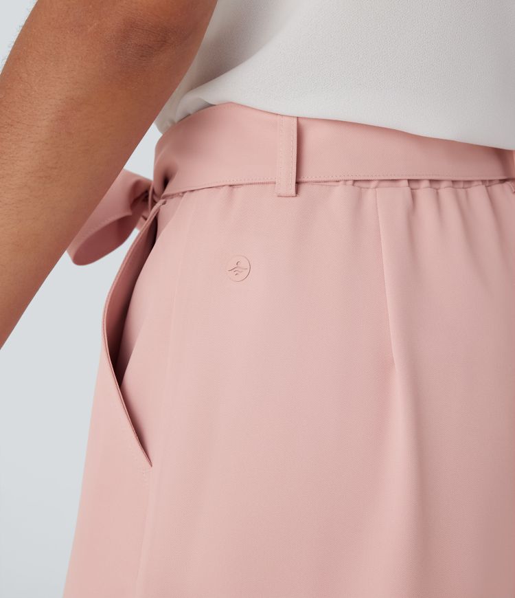 High Waisted Belted Wide Leg Cropped Work Pants with Pockets