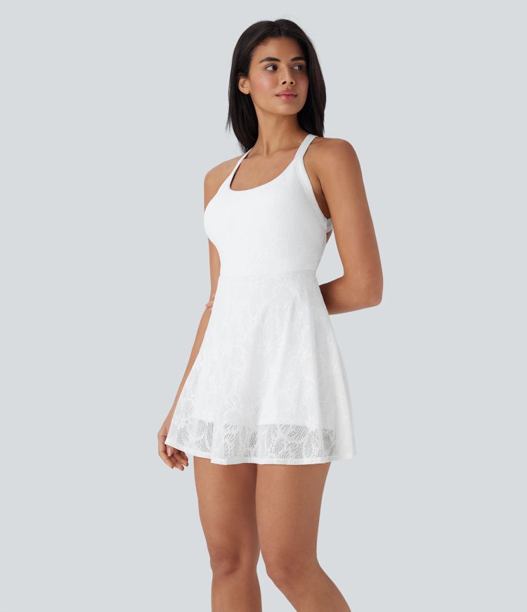 Lace Backless Twisted 2-in-1 Mini Dance Active Dress with Pockets-Easy Peezy