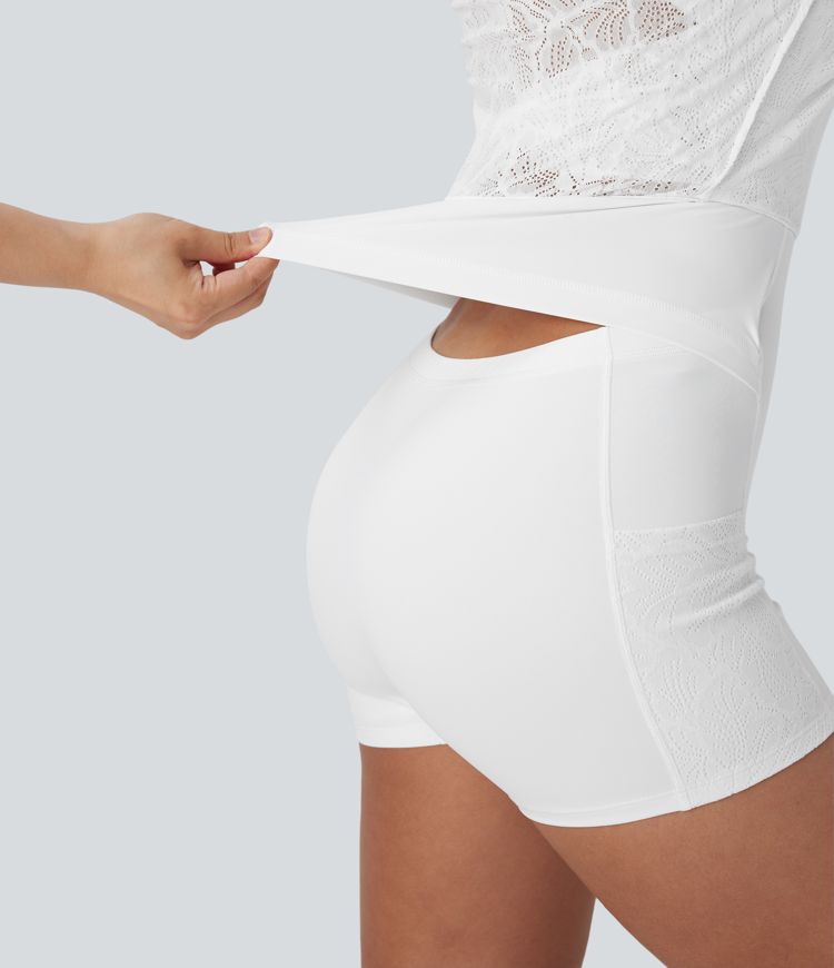 Lace Backless Twisted 2-in-1 Mini Dance Active Dress with Pockets-Easy Peezy