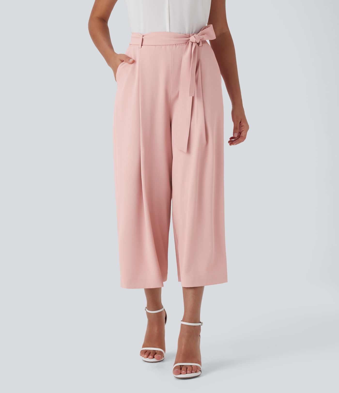 Halara Flex™ High Waisted Belted Wide Leg Cropped Work Pants with Pockets