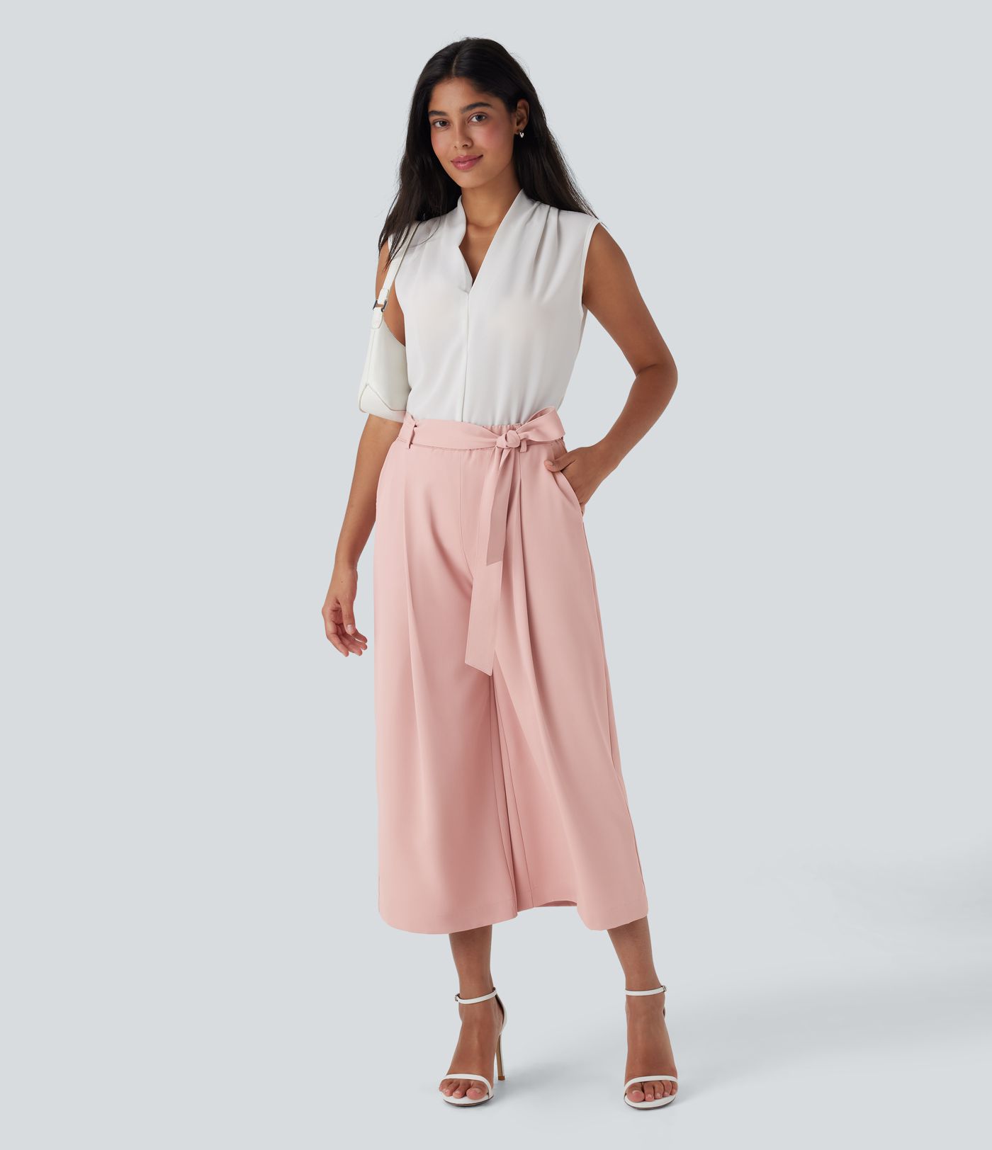 Halara Flex™ High Waisted Belted Wide Leg Cropped Work Pants with Pockets