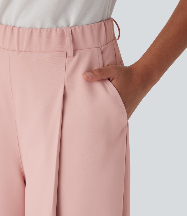 High Waisted Belted Wide Leg Cropped Work Pants with Pockets