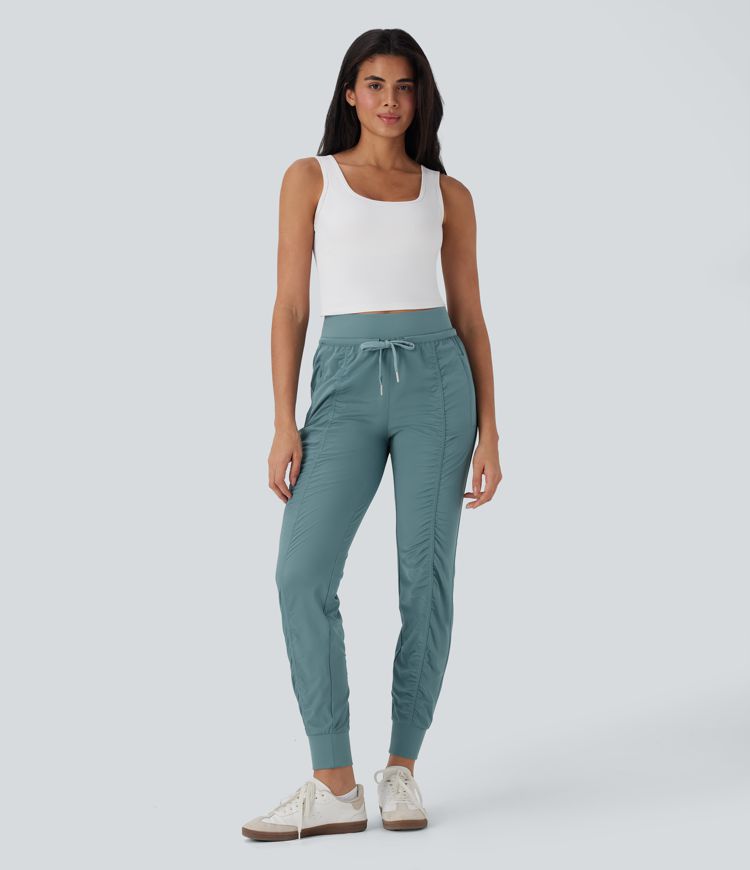 High Waisted Drawstring Tapered Travel Joggers with Side Zip Pockets