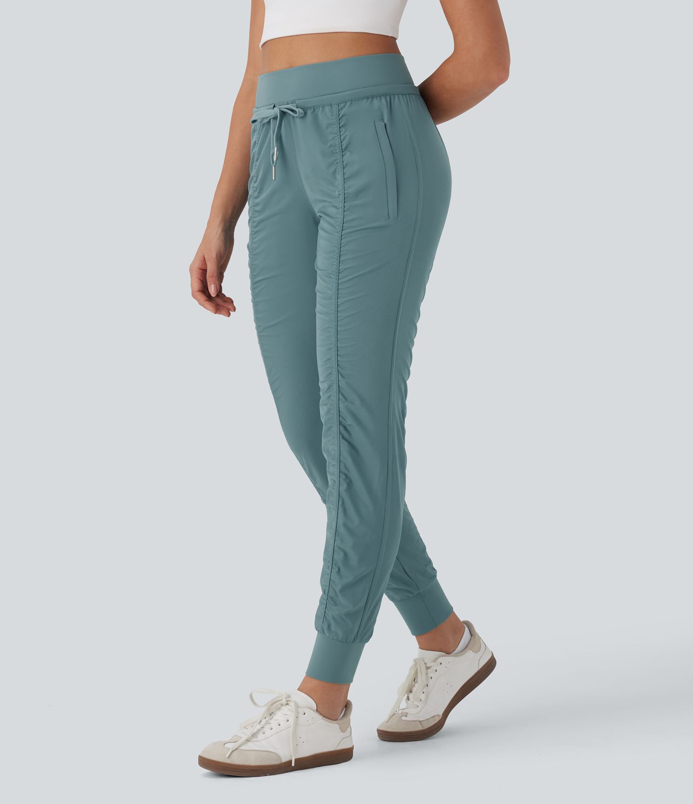 High Waisted Drawstring Tapered Travel Joggers with Side Zip Pockets