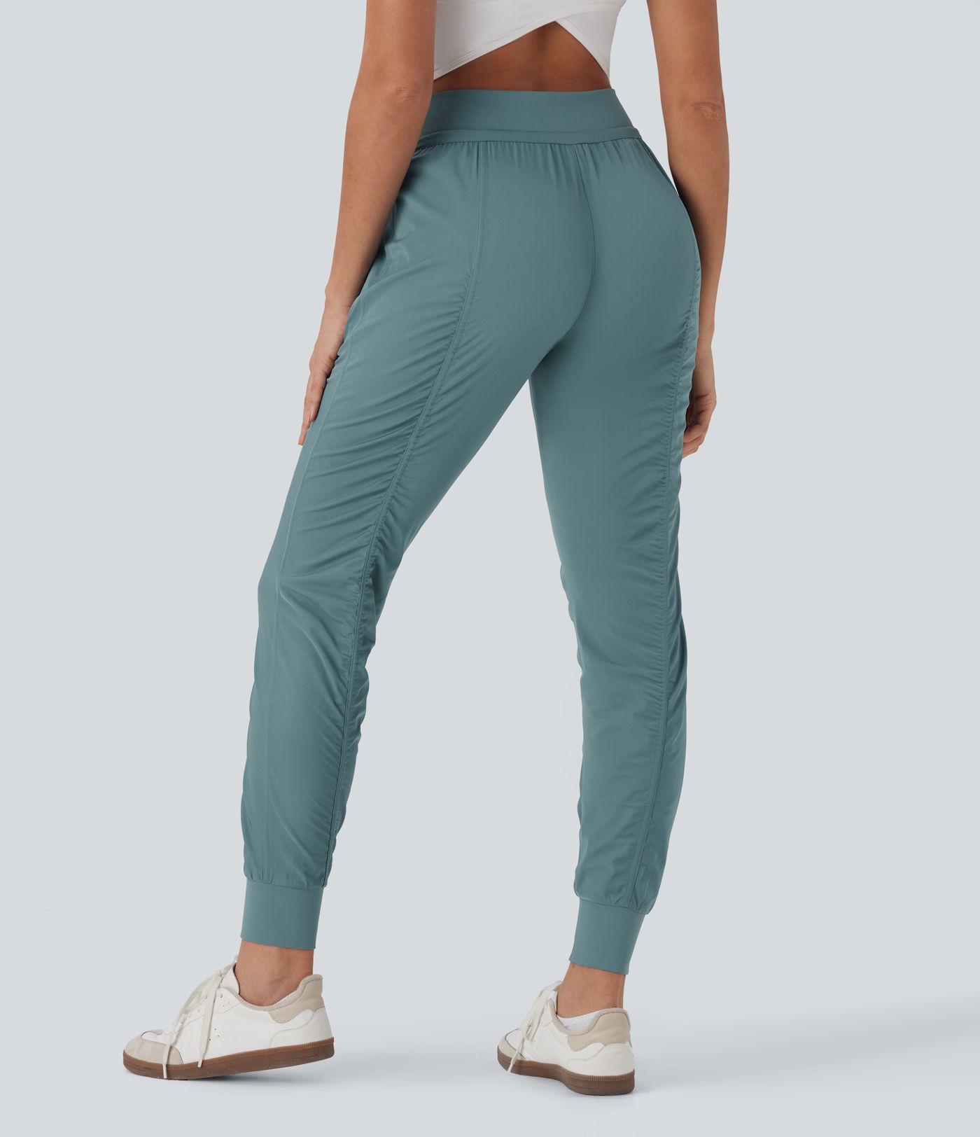 High Waisted Drawstring Tapered Travel Joggers with Side Zip Pockets