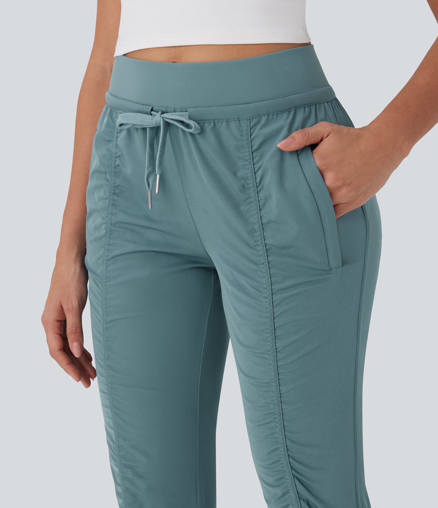 High Waisted Drawstring Tapered Travel Joggers with Side Zip Pockets