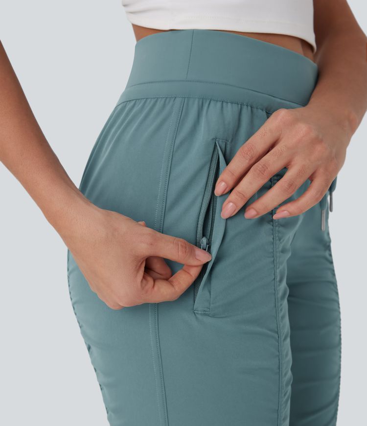 High Waisted Drawstring Tapered Travel Joggers with Side Zip Pockets