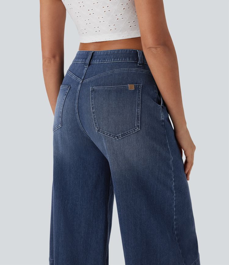 Jean décontracté corsaire large fluide taille mi-haute Halara Flex™ effet délavé avec poches