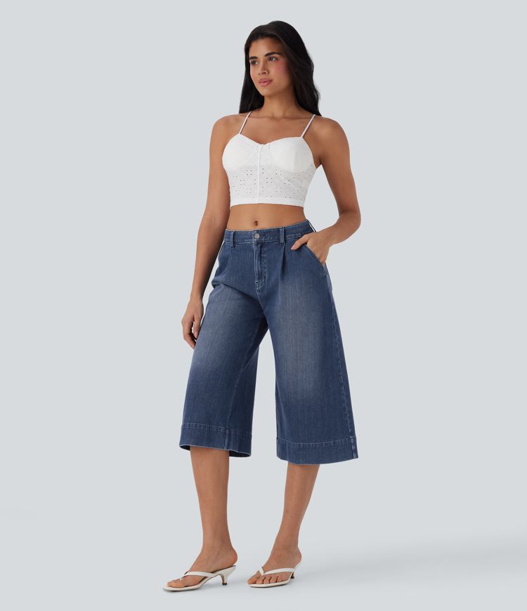 Jean décontracté corsaire large fluide taille mi-haute Halara Flex™ effet délavé avec poches