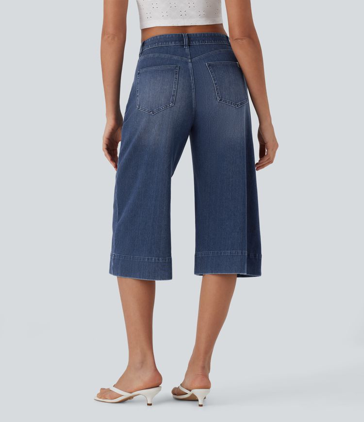 Jean décontracté corsaire large fluide taille mi-haute Halara Flex™ effet délavé avec poches