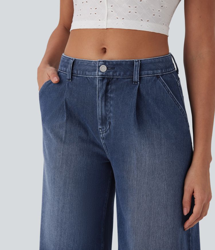 Jean décontracté corsaire large fluide taille mi-haute Halara Flex™ effet délavé avec poches