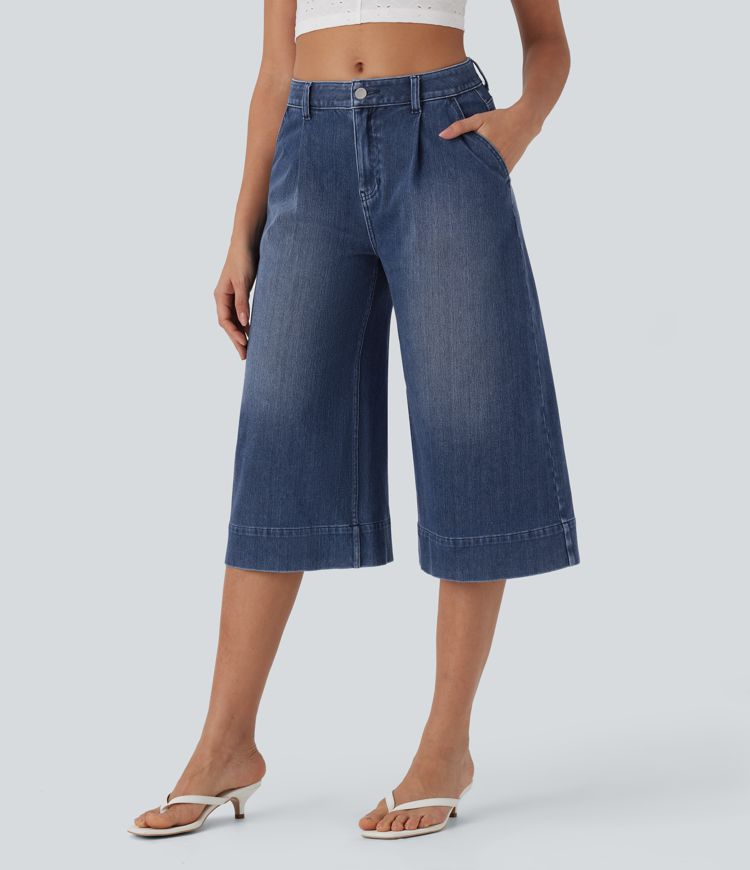 Jean décontracté corsaire large fluide taille mi-haute Halara Flex™ effet délavé avec poches