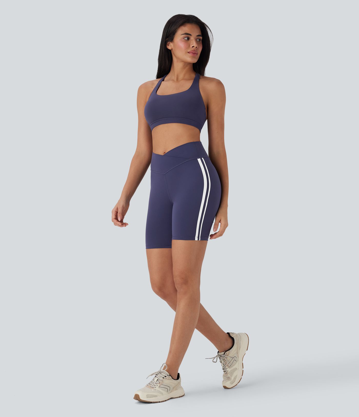 Crossover Mid Rise Color Block Stripe Yoga Bike Running Shorts 7''