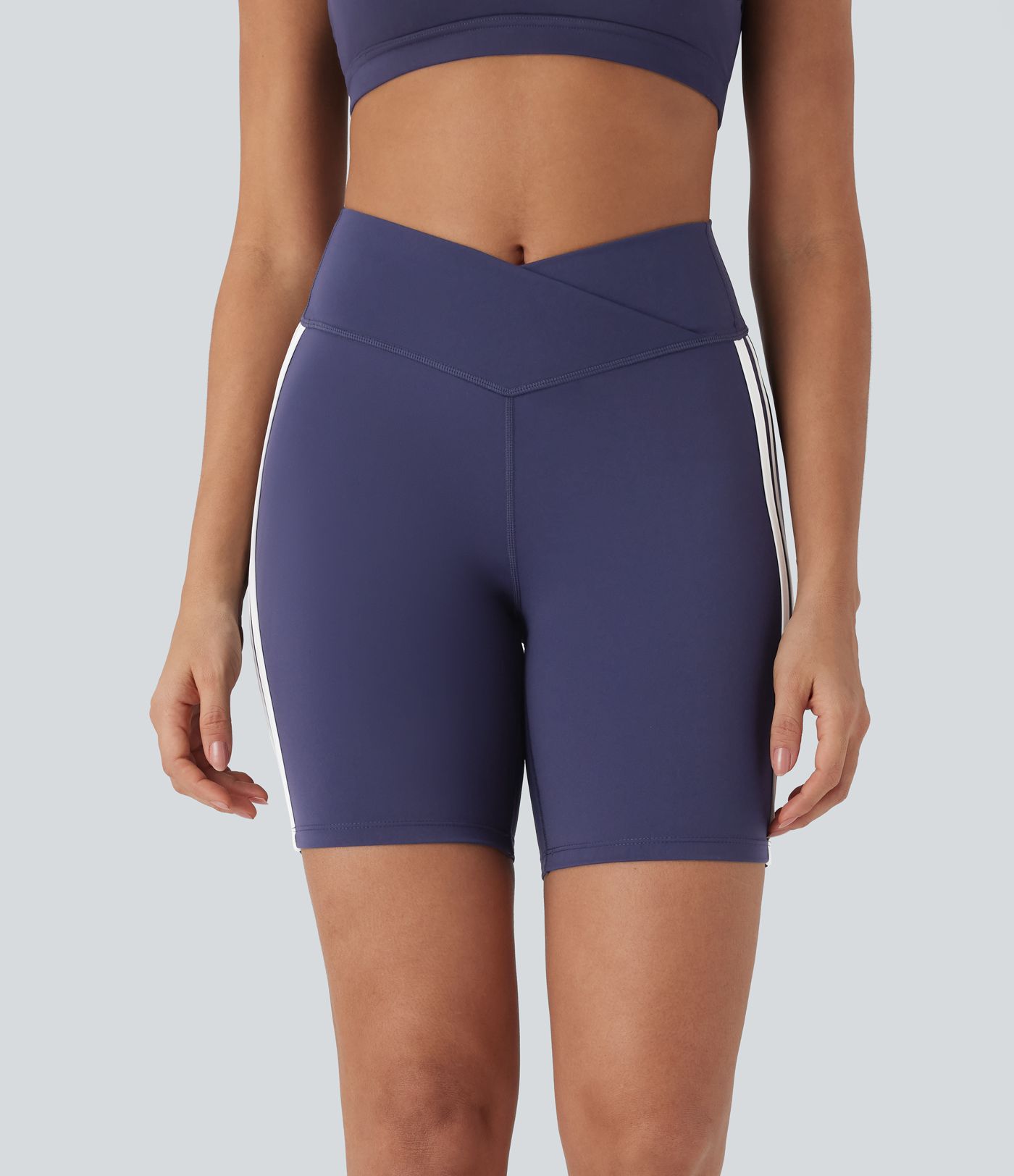 Crossover Mid Rise Color Block Stripe Yoga Bike Running Shorts 7''