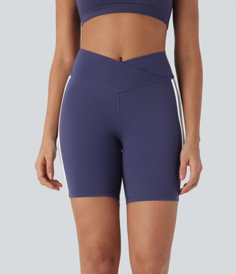 Crossover Mid Rise Color Block Stripe Yoga Bike Running Shorts 7''