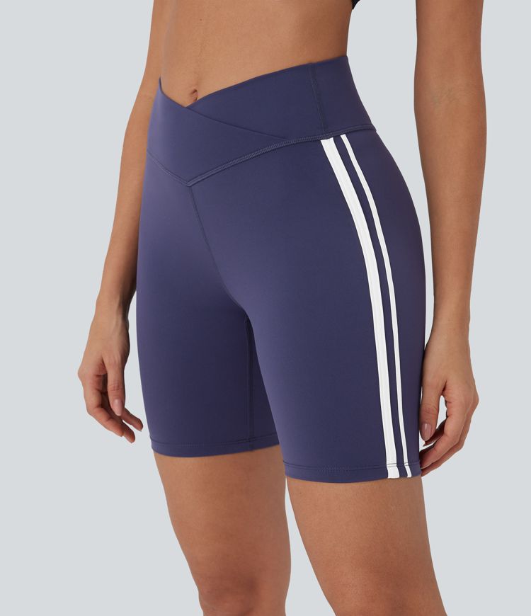 Crossover Mid Rise Color Block Stripe Yoga Bike Running Shorts 7''